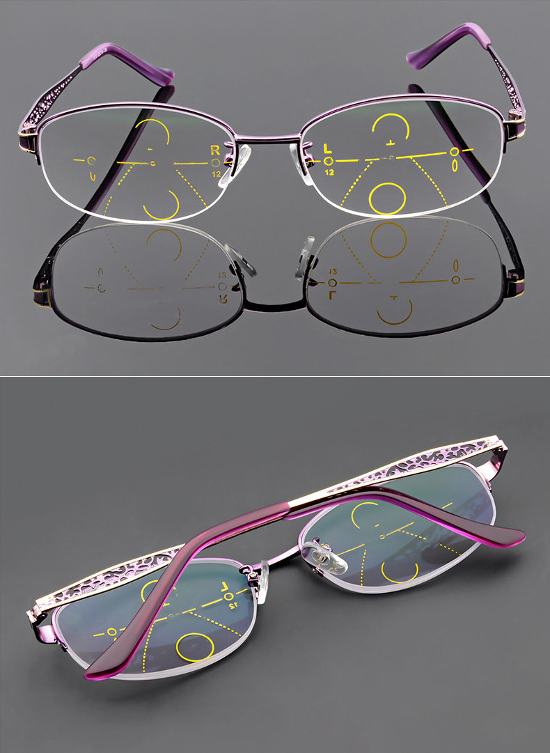 女款渐进多焦点老花镜 看远近两用半框智能变焦渐进多焦老光眼镜