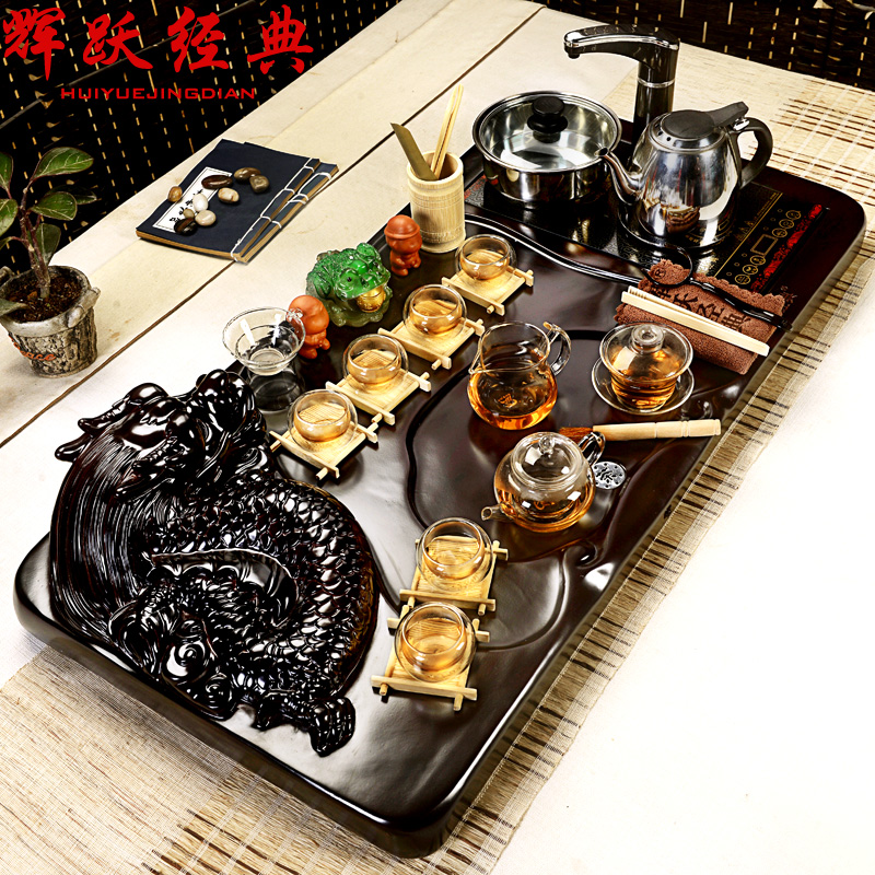 Hui ru up make crack kung fu tea set a complete set of ceramic ice induction cooker block solid wood tea tray is home