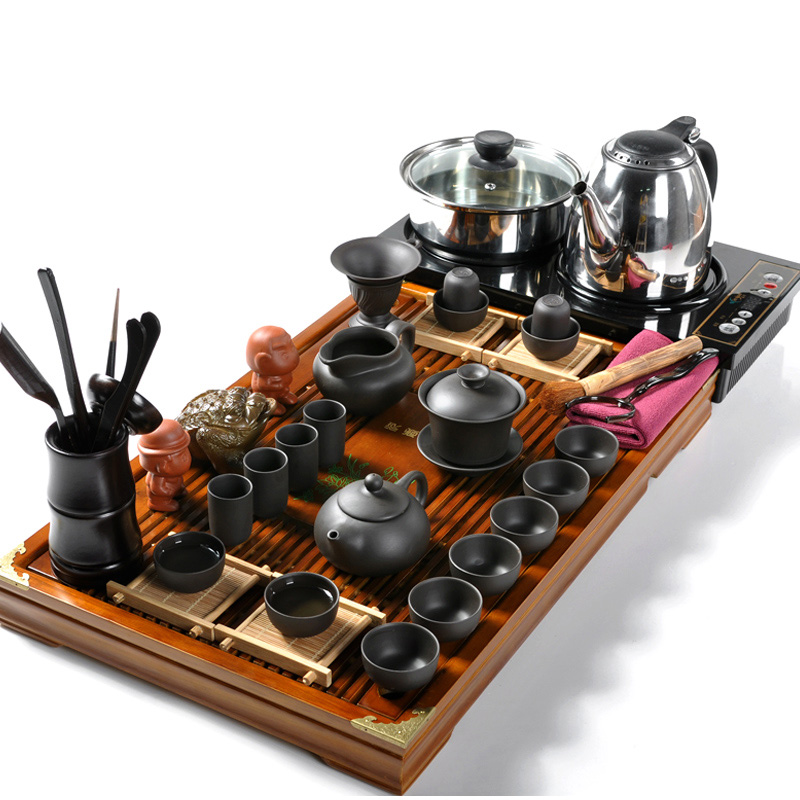 Hui make purple sand tea set tea service of a complete set of induction cooker four one solid wood tea tray was kung fu tea set