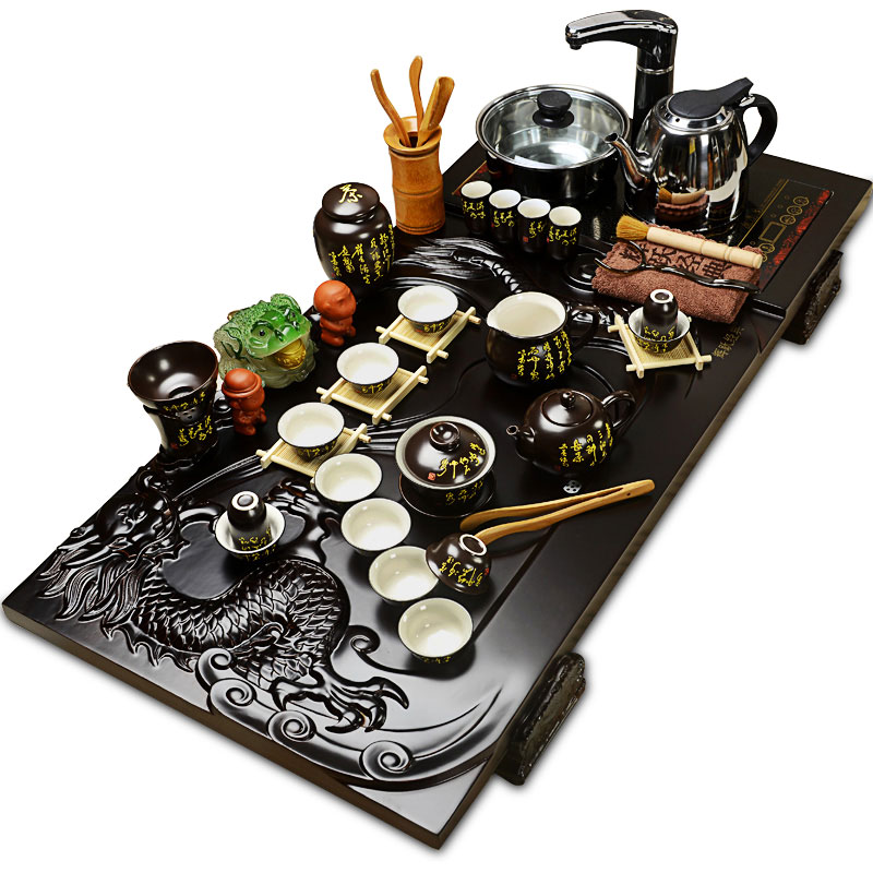 Hui ru up make crack kung fu tea set a complete set of ceramic ice induction cooker block solid wood tea tray is home