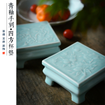 Jiangnan porcelain painting shadow green hand-carved square coaster cover tea Xiya play ornaments incense Cuttle pot bearing half knife mud
