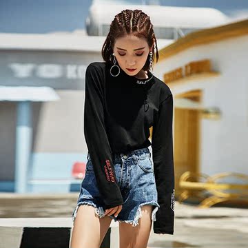 selfwho长袖T恤女打底衫内搭黑色上衣2018春秋季新款时尚学生装潮 selfwho长袖T恤女打底衫内搭黑色上衣2018春秋季新款时尚学生装潮