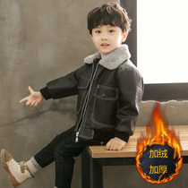 Boy leather coat thick 2020 new middle child autumn winter dress Korean version plus velvet thick childrens coat tide winter