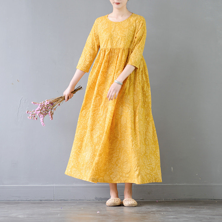 棉麻裙子夏长裙夏季薄款宽松大码文艺范袍子收腰印花盐缩棉连衣裙