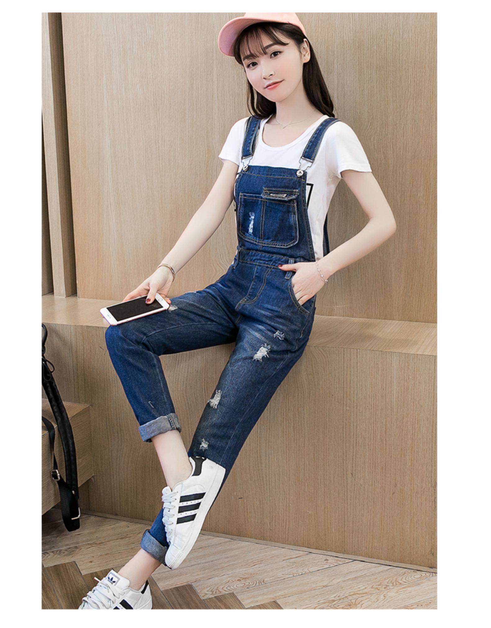 恋名媛破洞牛仔背带裤女九分裤春季新款大码宽松显瘦牛仔长裤吊带连体