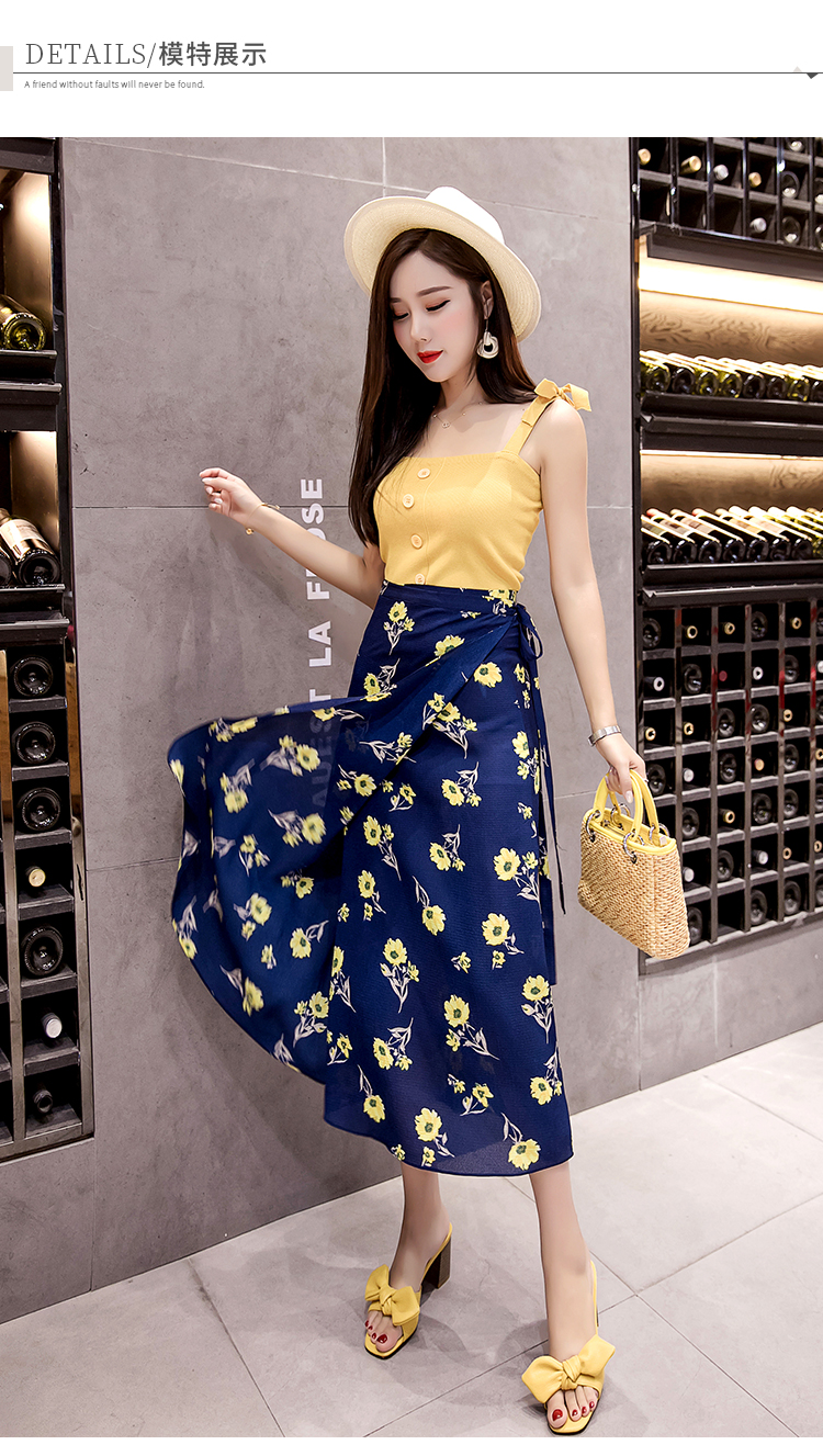 一片式半身裙长裙女夏系带雪纺裹裙中长款碎花海边度假沙滩裙子潮