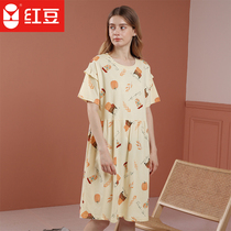 Red bean home wear short sleeve nightgown 100% cotton spring summer ladies pure cotton pullover round print dress pajama woman