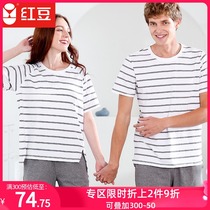 Red bean loungewear Couple pajamas summer thin short-sleeved two-piece striped T-shirt mens and womens pure cotton loungewear