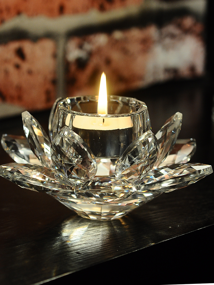 European Crystal Glass Lotus Candle Holder Buddha Worship Candlestick Buddha Worshiping Lamp Butter Lamp Holder Lotus Candlestick Decoration