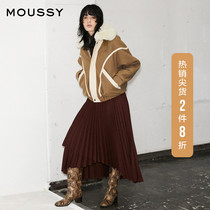 MOUSSY 2021 early spring new PU stitching padded wool collar wool jacket jacket female 028ESB30-0020