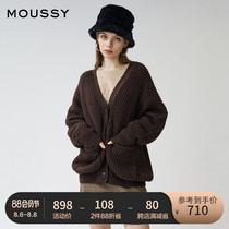 MOUSSY spring and autumn new product V-neck off-the-shoulder pocket casual knitted cardigan women 010DAS70-5370