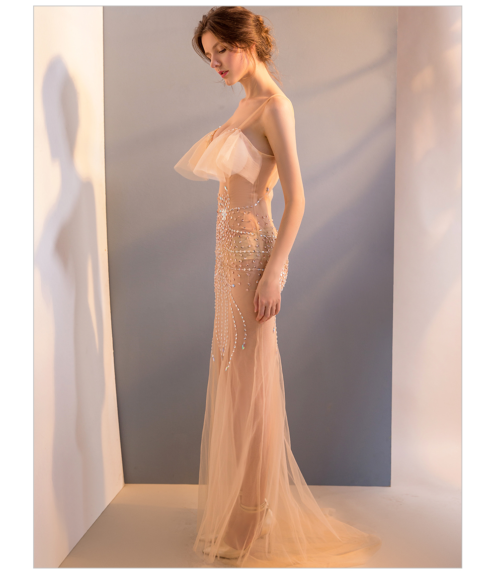 透视装新款网纱蕾丝深v领修身私人夜店性感吊带钻饰长款礼服包邮