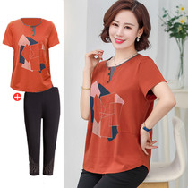 Middle-aged and elderly mother short sleeve T-shirt middle-aged womens summer clothing loose fat plus size 2021 new foreign style