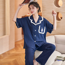Spring Summer Pyjamas Short Sleeve Long Pants Lady Cardiovert pure cotton Home Jacket Turtlenecks Sweet and Cartoon Thin full cotton suit