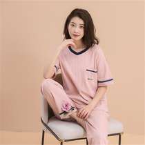 Spring Summer Lady Pure Cotton Short Sleeve Long Pants Pyjamas Cartoon Slim home clothes All cotton Student Girlfriends Suits