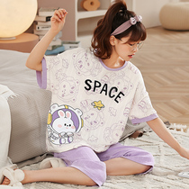 Sleepwear Lady Summer Short Sleeve Pure Cotton Seven Pants Girls Full Cotton Home Conserved Cartoon Thin web Red Burst Suit