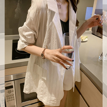 Thin Suit Jacket Woman Spring Summer South Korea Retro Long striped Little West suit loose casual 100 lap blouses