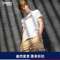Tommy Mens Clothing Casual Trend Comfort Pure Cotton Breathable Gel Printed Letter Round Collar Workout Short Sleeve T-shirt 08290