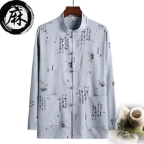 Tang suit male middle-aged and elderly father dress spring and summer mens grandfather cotton hemp Chinese style long sleeve autumn coat Hanfu