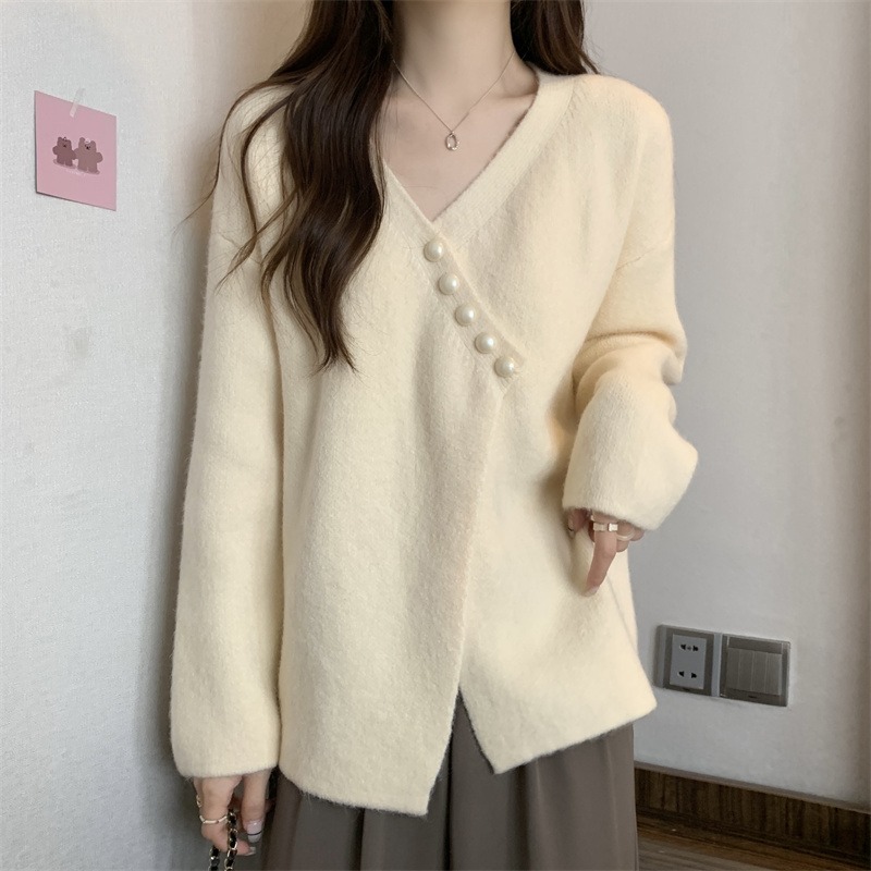 Large code irregular V collar sweater women's spring autumn new fat mm Lazy Veil belly Conspicuble Warm Needles Jersey Blouses-Taobao
