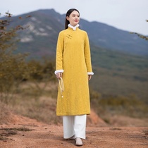 Tang suit Chinese style thickened winter dress Chinese womens cotton cheongsam jacket autumn and winter Chinese retro womens tea clothing Zen