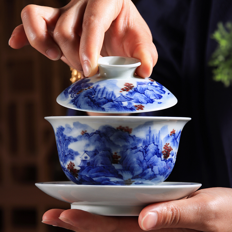 Jingdezhen blue and white youligong tureen tea bowl manual hand - made large landscape three tureen kung fu tea set