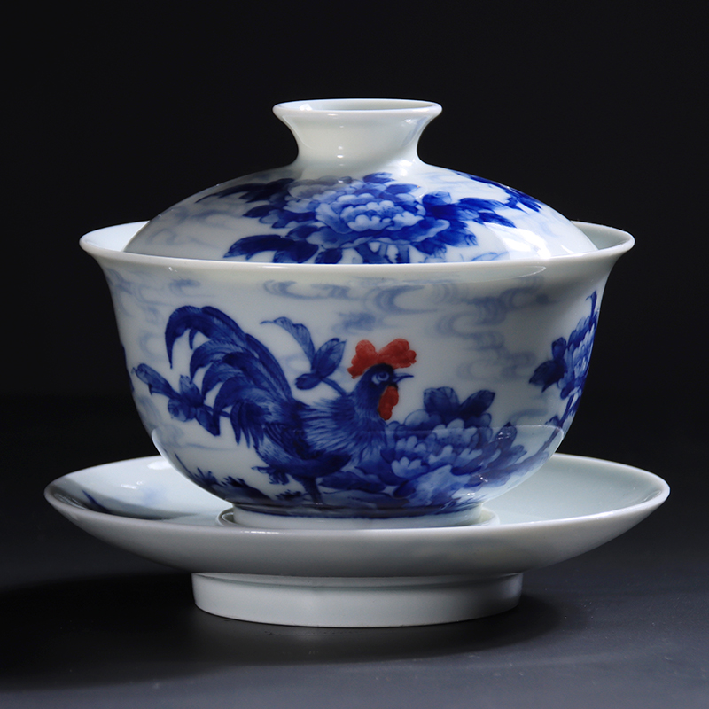 Checking out ceramic only three tureen tea bowl of jingdezhen blue and white youligong rooster tureen hand - made teacup tea set