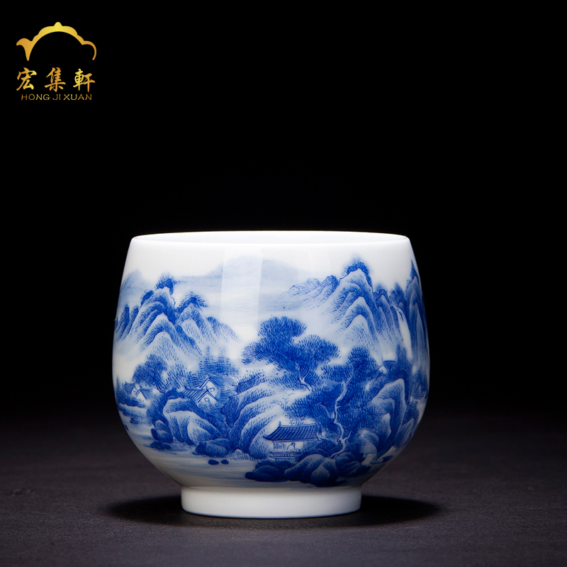 Jingdezhen tea blue - and - white porcelain teacup masters cup meditation of large ocean 's cup single landscape kung fu cup