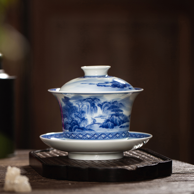 Macro sets hin jingdezhen tureen hand - drawn work full of blue and white landscape three to make tea tureen white porcelain cups in large bowl