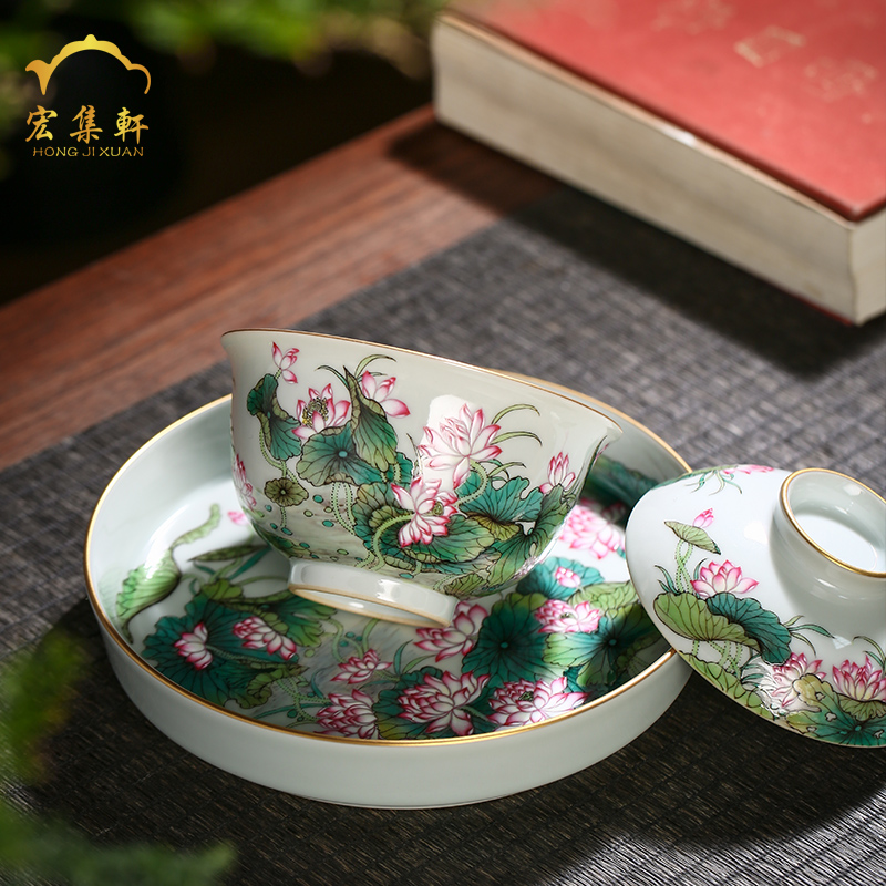 Jingdezhen tureen three to make tea tureen single ceramic household enamel handpainted lotus kung fu tea cups