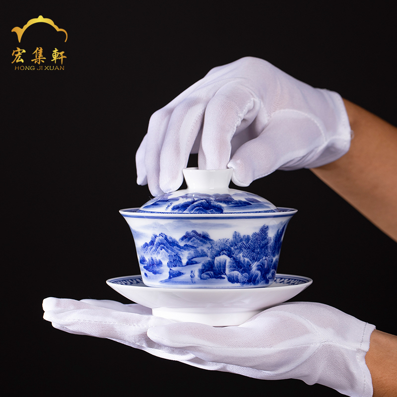 Tureen large cups of jingdezhen blue and white landscape ceramic hand - made only three Tureen tea bowl of kung fu tea set