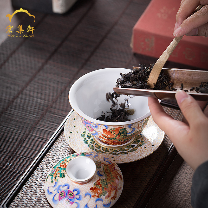 Colored enamel porcelain tureen teacups hand - made lion only three cups of tea bowl full manual jingdezhen kung fu tea set