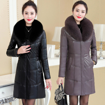 2021 Winter new Haining fox fur collar leather down leather jacket womens long slim sheep leather coat