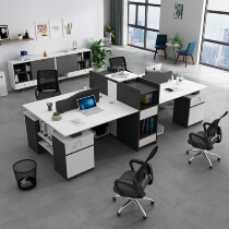 Office minimalist modern finance group staff 2 people 4 computer screen employees to accommodate desk drawer lock