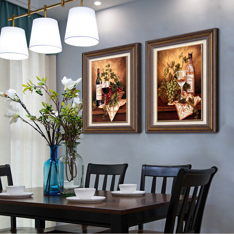 餐厅装饰画美式玄关二联画葡萄美酒壁画油画客厅沙发背景墙挂画