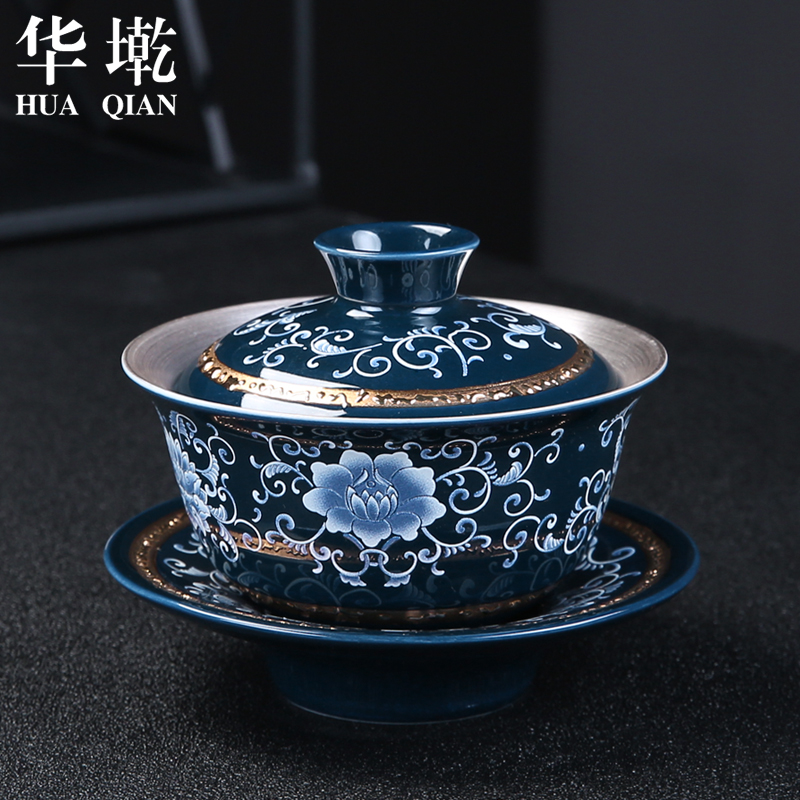 China Qian hand - made only three bowl of tea bowl of jingdezhen blue and white porcelain coppering. As silver tureen manual paint ceramic tea set)