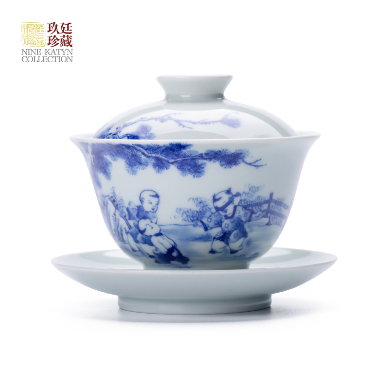 About Nine katyn checking ceramic tureen jingdezhen blue and white only three hand - made single bowl bowl of tea cup small kung fu tea set