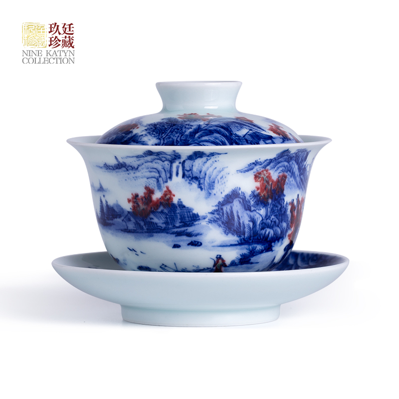 Three to nine katyn manual blue - and - white youligong tureen jingdezhen ceramic kung fu tea tea bowl cover cup