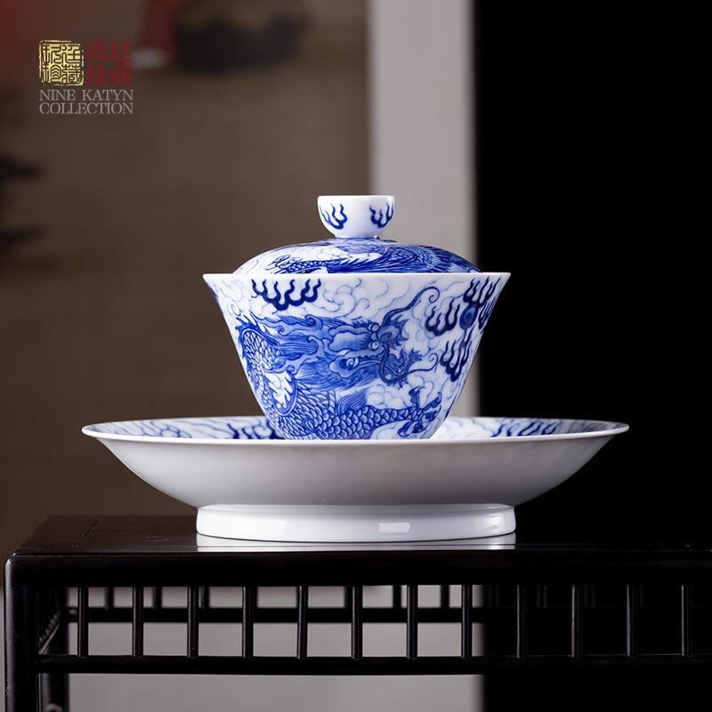 Three to nine at the tureen ceramic cups with supporting hand - sketching jingdezhen blue and white porcelain tea set tea bowl of tea accessories