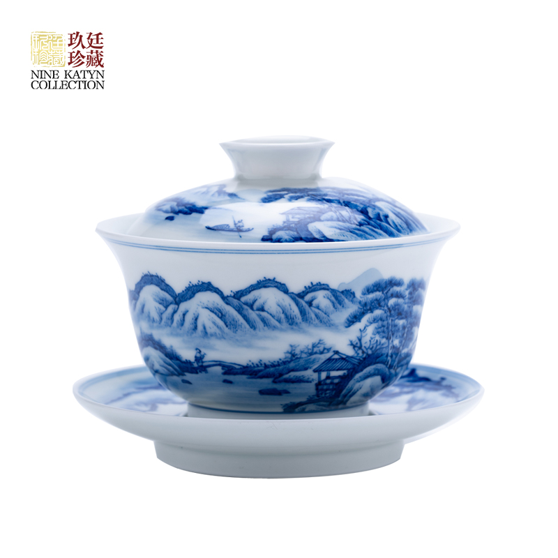 Nine at jingdezhen blue and white big tureen manual hand - made landscape ceramic kung fu tea set three single tea bowl to bowl