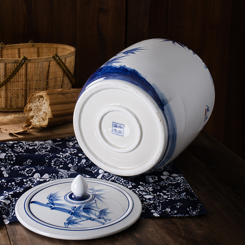 Jingdezhen hand - made ceramic barrel with cover old 25 kg blue and white flour bucket moistureproof insect - resistant kitchen ricer box