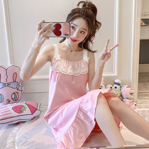 Sling pajamas women cotton loose summer home clothes large size Japanese lace sweet nightgown cotton can be worn outside summer