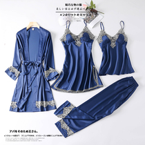 Pajamas Womens Spring and Autumn long sleeves silk thin four-piece lace sexy belt chest pad nightgown summer home wear