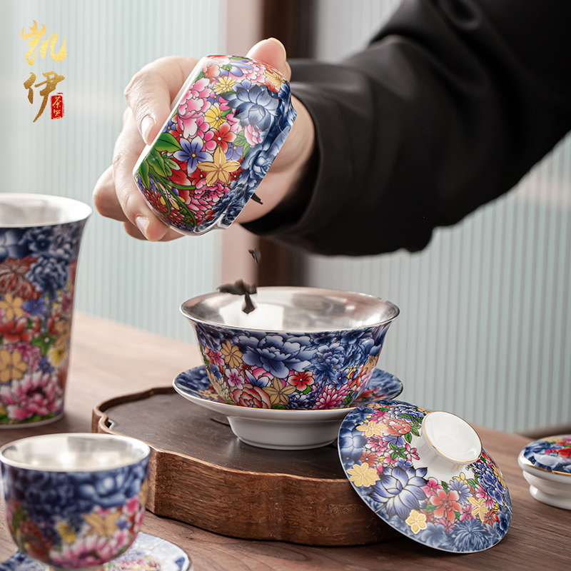 Flower embroidery colored enamel coppering. As silver tea set silver tureen of jingdezhen ceramic tea cup, office home