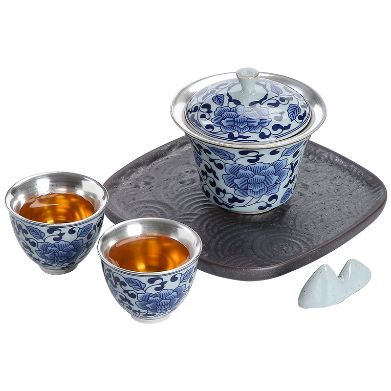 Blue and white porcelain coppering. As silver dry tea set to restore ancient ways of zen lotus household ceramic tea three silver tureen tea cups