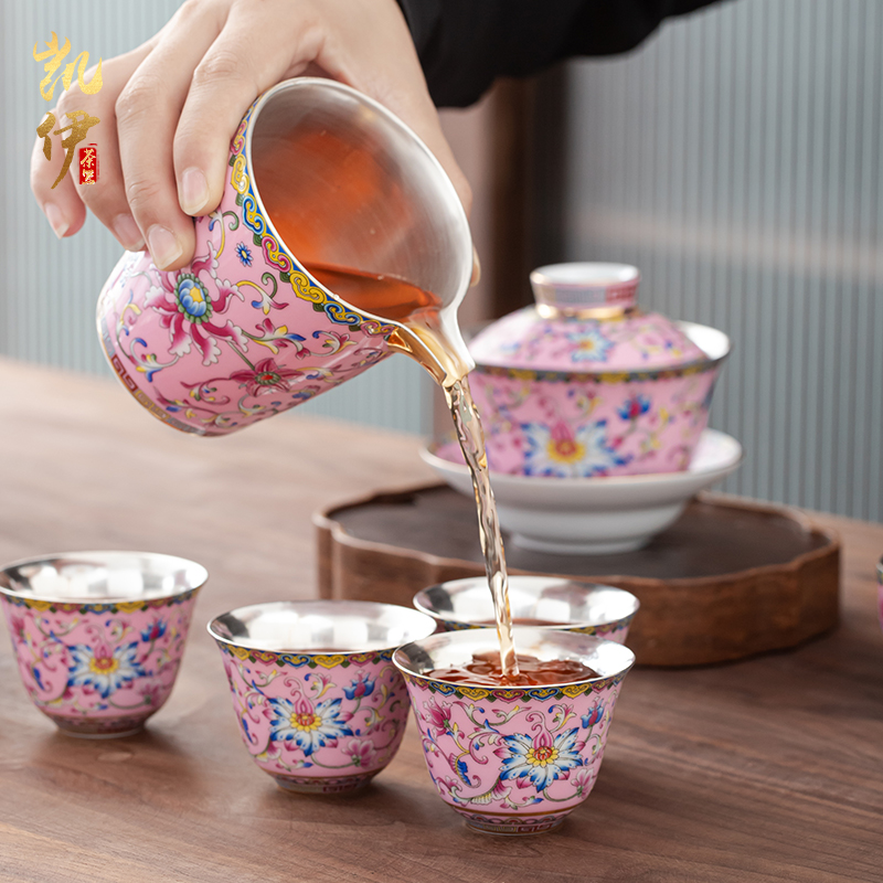 Colored enamel fate coppering. As silver cup kung fu tea set jingdezhen ceramic tea tureen household silver cup