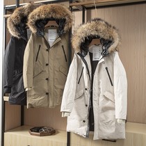 High-end designer series men windproof nylon cloth 90 white duck suede ultra-thick and genuine raccoon fur collar long down jacket