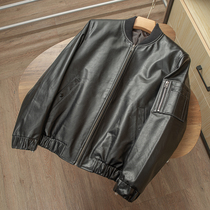Anti-season one down to bottom men Flat Bull Leather Leather Leather Clothing Day Single Baseball Collar Black Locomotive Leather Jacket