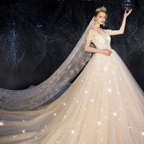 Word shoulder starry sky main wedding dress 2021 new bridal temperament large tail simple French female little man