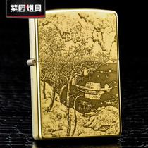 Original ZIPPO lighter pure copper three-sided carving Qiujiang fishing picture genuine Zhibao kerosene windproof
